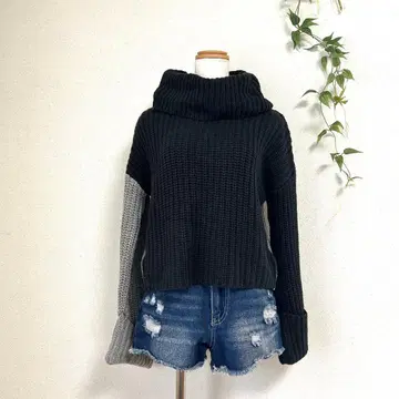 EGOIST 바이컬러 터틀넥 니트 스웨터 숏 기장