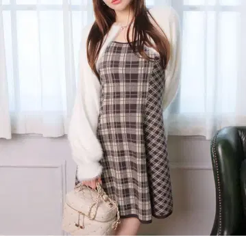 LIPSERVICE 페더 체크 앙상블 원피스 브라운