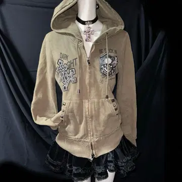 헤이세이 갸루 Y2K 그런지 다크코어 스컬 스터드 후드티 더블 지퍼