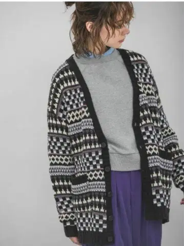 [ 새상품 ] JEANASIS 3G 기하학 더블 자카드 V넥 가디건