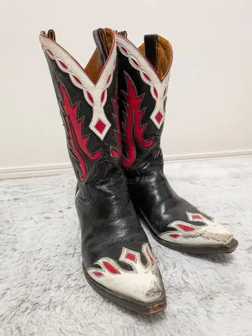 저스틴 웨스턴 부츠 블랙과 레드 가죽제 7B