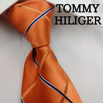 타미힐피거 고급 실크 넥타이 체크 무늬 오렌지