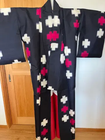 통세척 완료 명선 이중 기모노 네이비 컬러 십자가 무늬