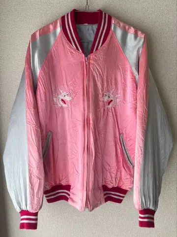 스카잔 수베니어 자켓 핑크 복숭아색 드래곤 용 빈티지 레어