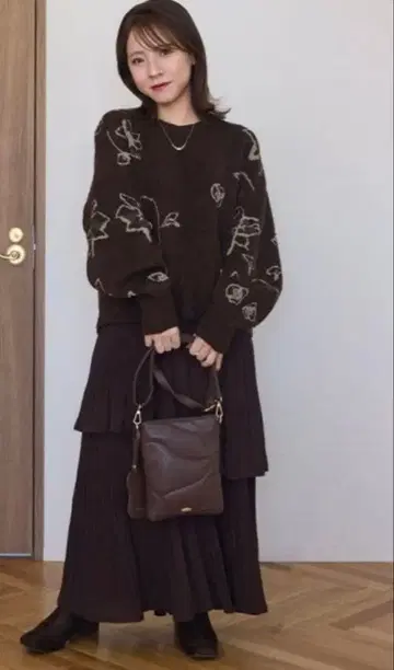 tal. by yumi 시마무라 꽃무늬 자카드 니트 브라운 LL