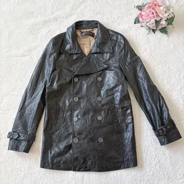 램 가죽 가죽 자켓 피코트 더블 프레스 소매 벨트 블랙