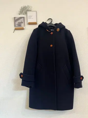 울 100% IENA 이에나 네이비 후드 부착 코트 40 노카라에도