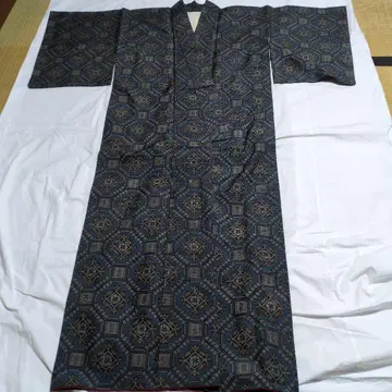 오시마 명주 기모노 블루 계열 기하학 패턴