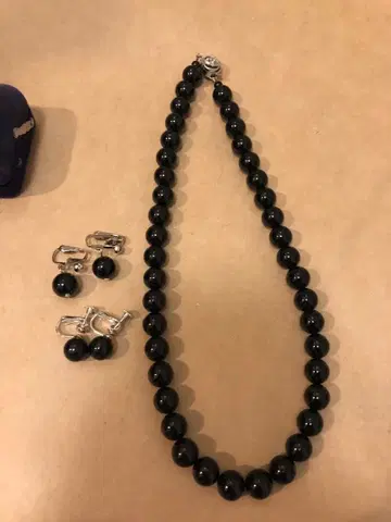 미사용 천연 제트 목걸이 귀찌 세트