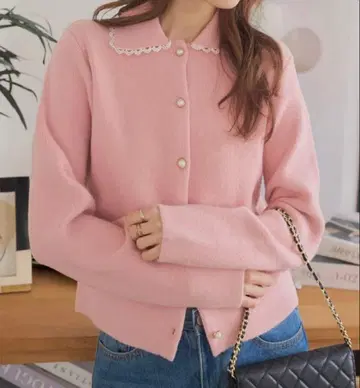 새상품 고베 레터스 피코 레이스 카라 부착 니트 가디건 핑크