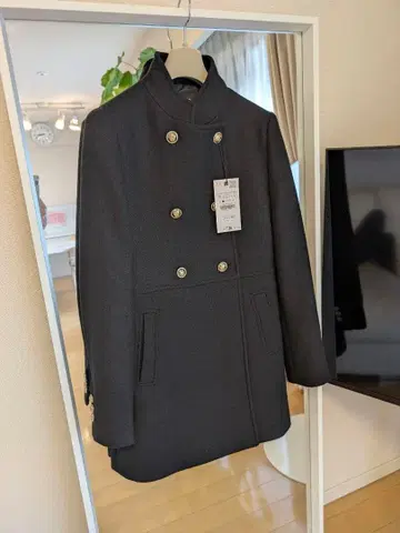 택 포함 미사용 ZARA 울 더블 브레스트 코트 블랙