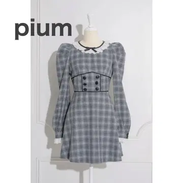 pium 코튼 레이스 칼라 코르셋 미니 원피스 그레이 체크 완판템