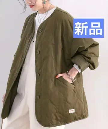 클래식 엘프 퀼팅 자켓 카키 브라운 노카라 오버 사이즈 L