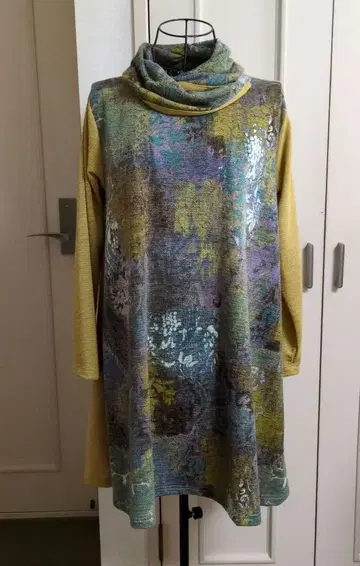 그린 옐로우 컬러 다색 캐주얼 튜닉 긴팔 원피스 핸드메이드