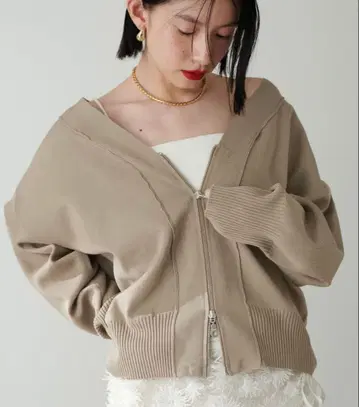 미사용 LARUTA 폴리 니트 컴팩트 더블 지퍼 가디건 F 베이지