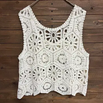 [ 베스트 ] 화이트 레이스 편직 코튼 니트 베스트 면 100% F