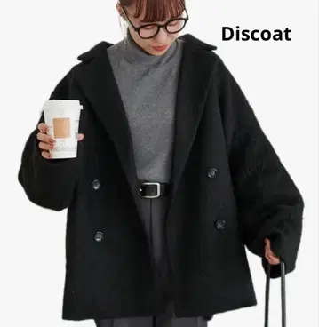 DISCOAT 블랙 더블 브레스트 코트 샤기 미들 코트