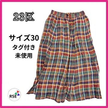 택 포함 미사용 23구 롱 플레어 스커트 체크 무늬 린넨 S