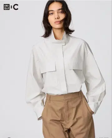 유니클로C 코튼 스탠드 카라 셔츠 자켓 베이지 스트라이프 M
