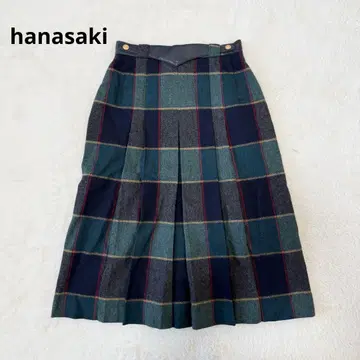하나사키 체크 플리츠 스커트 울 혼방 골드 버튼 레트로걸 그린
