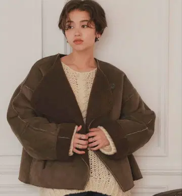 titivate 페이크 무스탕 노카라 자켓 다크 브라운