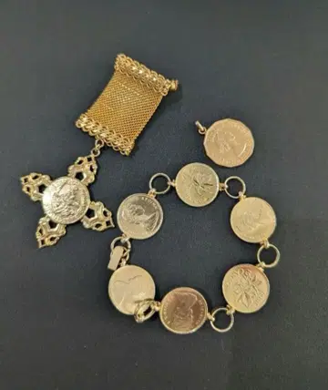 쇼와 레트로 빈티지 코인 브로치 팔찌 세트