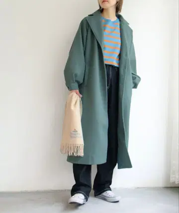 여성용 롱 코트 체스터 코트 notch 오버 사이즈 그린