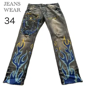 JEANS WEAR 페인트 데님 스컬 불꽃 스트레치 34
