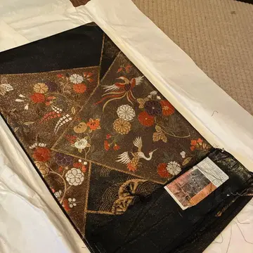 순수 실크 후쿠로 오비 마키에 꽃무늬 학 블랙 골드 새상품에 가까운