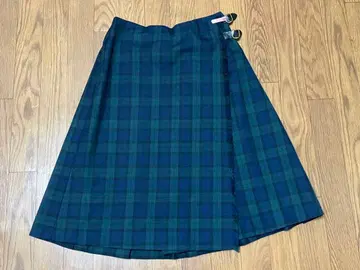 그린 라벨 네이비 그린 체크 플리츠 랩 스커트 무릎 아래 기장