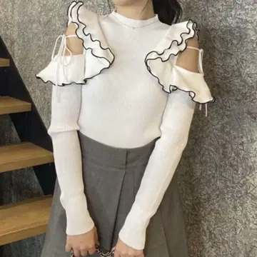 숄더 오픈 프릴 니트 dazzlin 화이트
