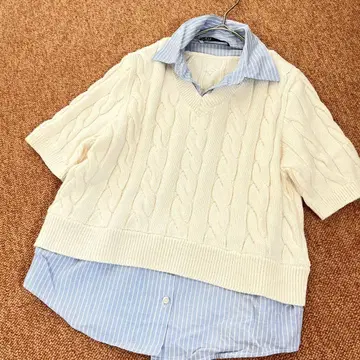 자라 이소재 도킹 케이블 니트 스트라이프 셔츠 레이어드 화이트 파랑