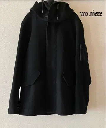나노 유니버스 새상품급 후드 부착 울 코트 충전솜 숏 모즈 코트 블랙