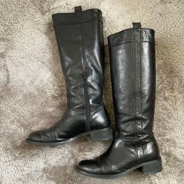 천연 가죽 블랙 롱 부츠 24cm 로우힐 가죽 블랙