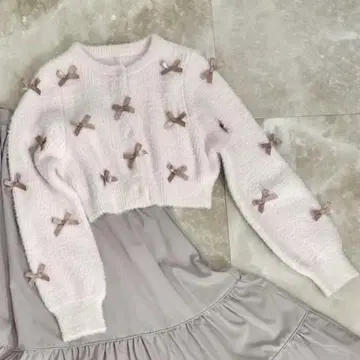 안미르 리본 니트 가디건 핑크 긴팔 숏 기장