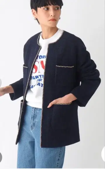 네이비 노카라 자켓