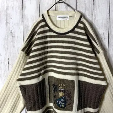 디자인 니트 자수 베이지 내추럴 컬러 보더 케이블 빅 루즈