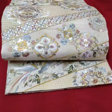 육통 무늬 후쿠로 오비 꽃무늬 봉황 자수 베이지 계열