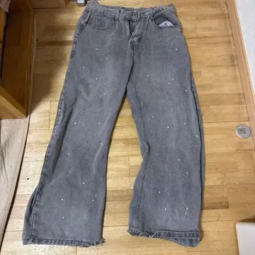 데미지 가공 그레이 와이드 레그 데님 팬츠 페인트 데님