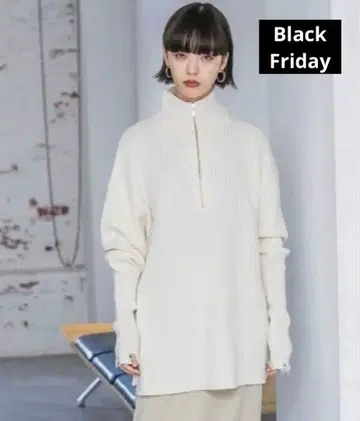 JEANASIS 와이드 리브 하프 ZIP 슬릿 풀오버 니트