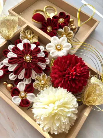 성인식 시치고산 머리 장식 빨흰 럭셔리 츠마미세이 U핀 다수 *금박 포함