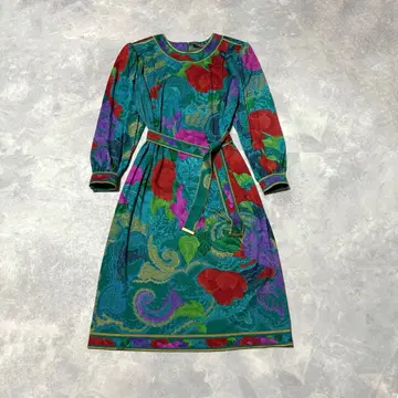 레오나르 롱 원피스 벨트 포함 꽃무늬 페이즐리 트리밍 실크 혼방