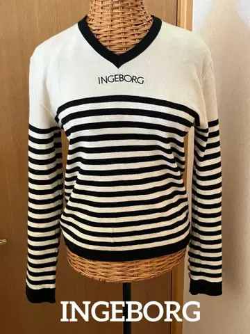 잉게보그 INGEBORG 로고 보더 니트 V넥 양모 라무 일본제