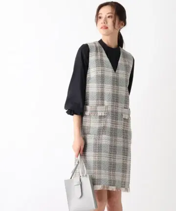 인덱스 슬리브리스 체크 무늬 원피스 그린