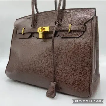 브라운 천연 가죽 버킨 핸드백 골드 금장 장식