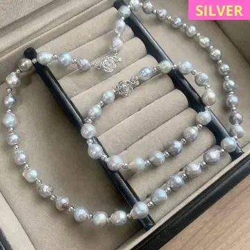 그레이 담수 펄 목걸이 팔찌 세트 2WAY Silver 각인