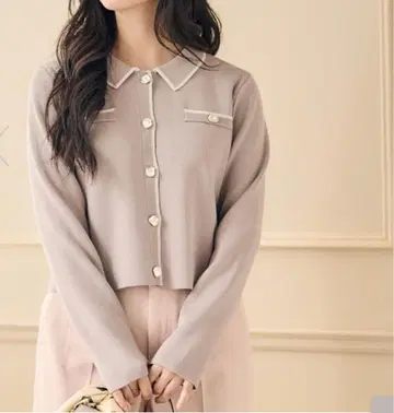 [ 새상품 ] 트웰브아젠다 카라 라인 배색 니트 가디건 그레이지