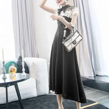 원피스 한국 파티 드레스 모노톤의 꽃무늬 레이스가 귀여운 롱 기장 드레스