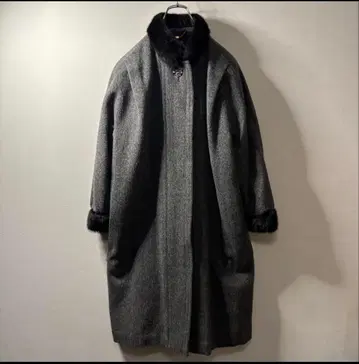 그레이 롱 코트 퍼 카라 부착 (vintage)