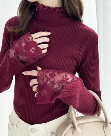 플러스 사이즈 GeeRA 소매 레이스 하이넥 리브 니트 상의